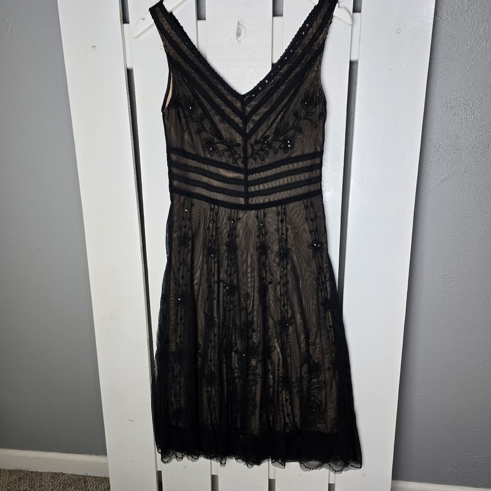 BCBG Maxazria Floral Sequin Dress 2‎ Black Nude Sheer Cocktail Formal Whimsigoth